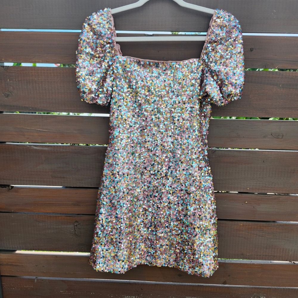 Lulus Sequin Puff‎ Sleeve Mini Dress Multicolor Party XS GLAM Maximalism